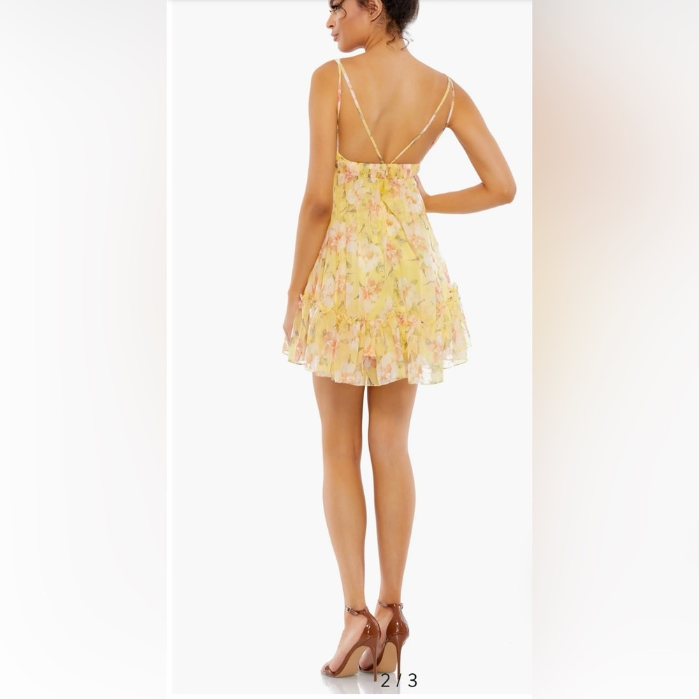 leena for Mac Duggal Yellow Floral Empire Waist Ruffled Mini Dress Size 6 - Picture 6 of 13